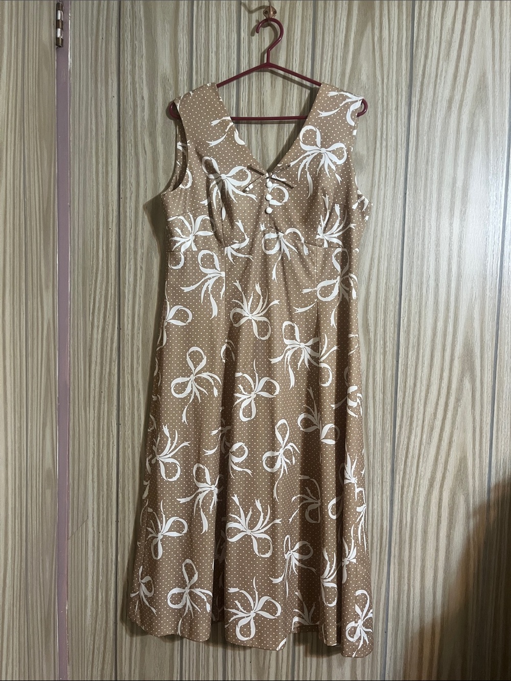 Vintage Linda Originals Tan Bow & Polka Dot Midi Dress - Size XL